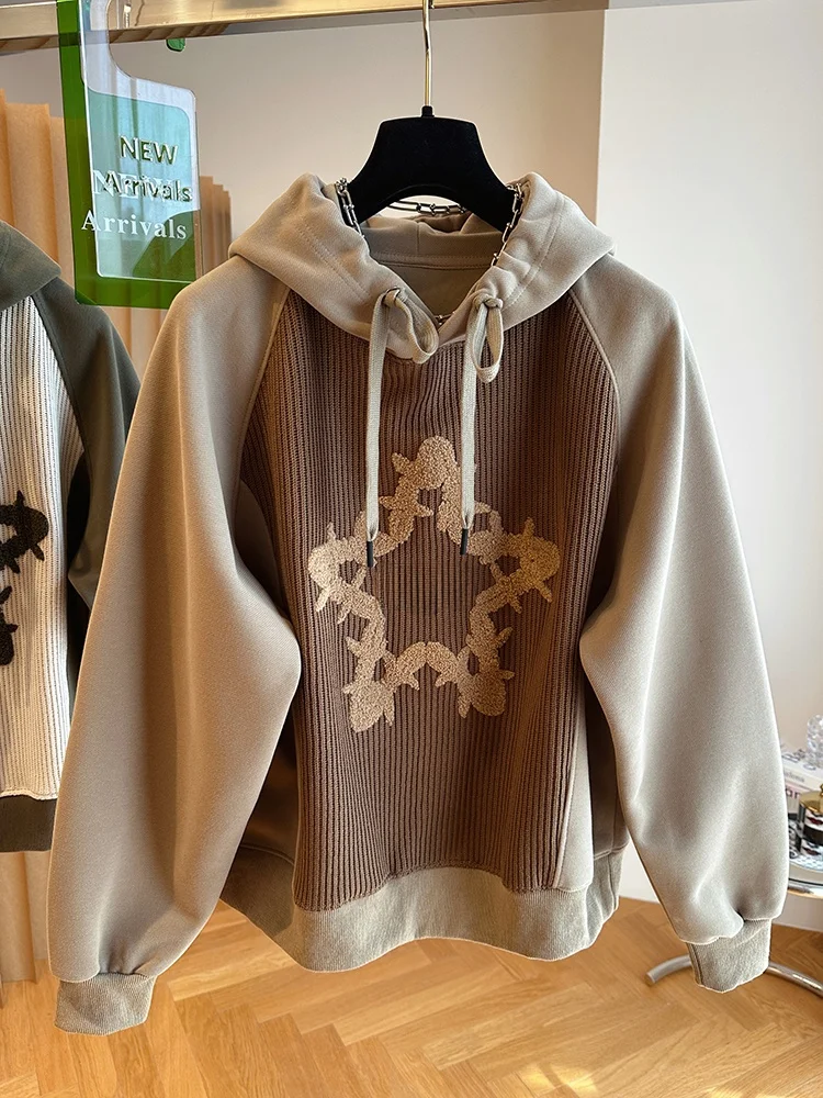 Moletom Extra Grande de 300 Pou com Bordado de Estrela de Cinco Pontas, Tricô, Solto, para Mulheres, Outono