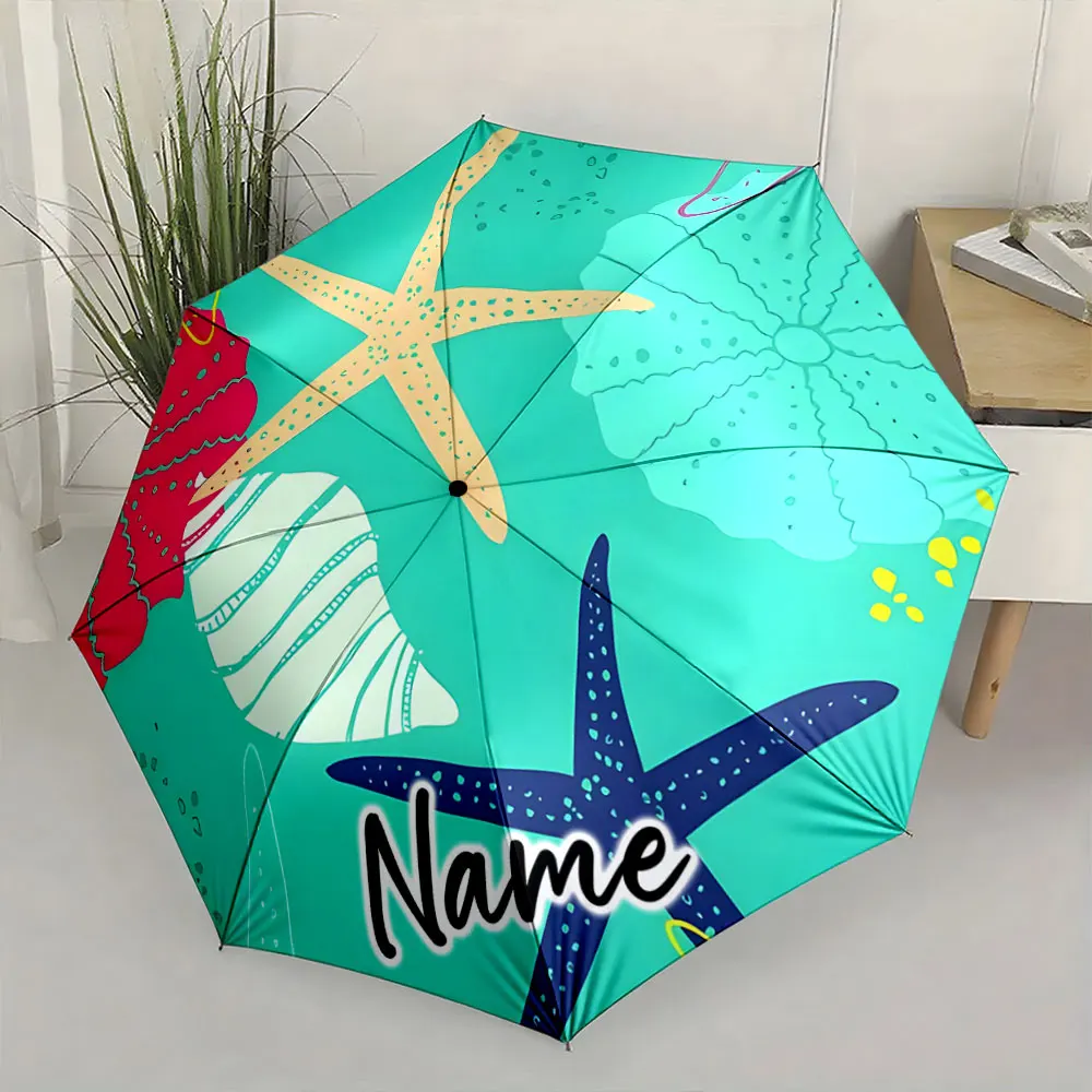 Custom Name Colorful Sea-Themed Umbrella with Starfish and Shell Design 8 Iron Ribs Folding Umbrella Auto-Open Fashion Sunshade