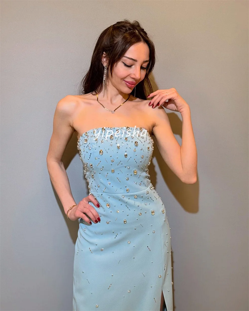 Customized Matching Intricate Jersey Beading Sequined Rhinestone Straight Strapless Long Dresses Bespoke Occasion Dresses Retro