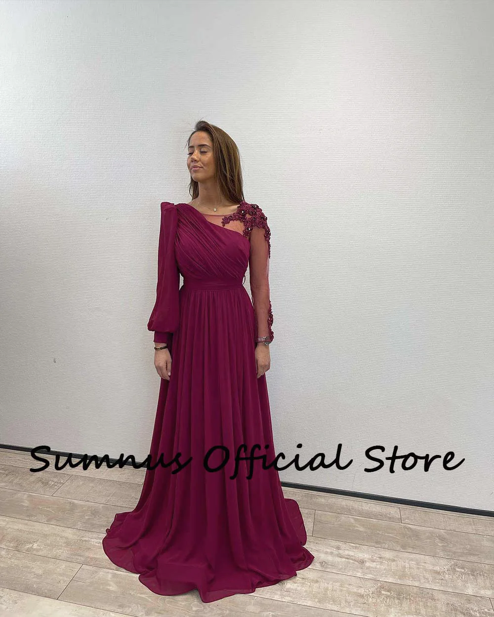 Sumnus Elegant Saudi Arabic Evening Dresses Beads Appliques Long Sleeve Formal Gowns Chiffon Side Slit Dubai Prom Party Dress