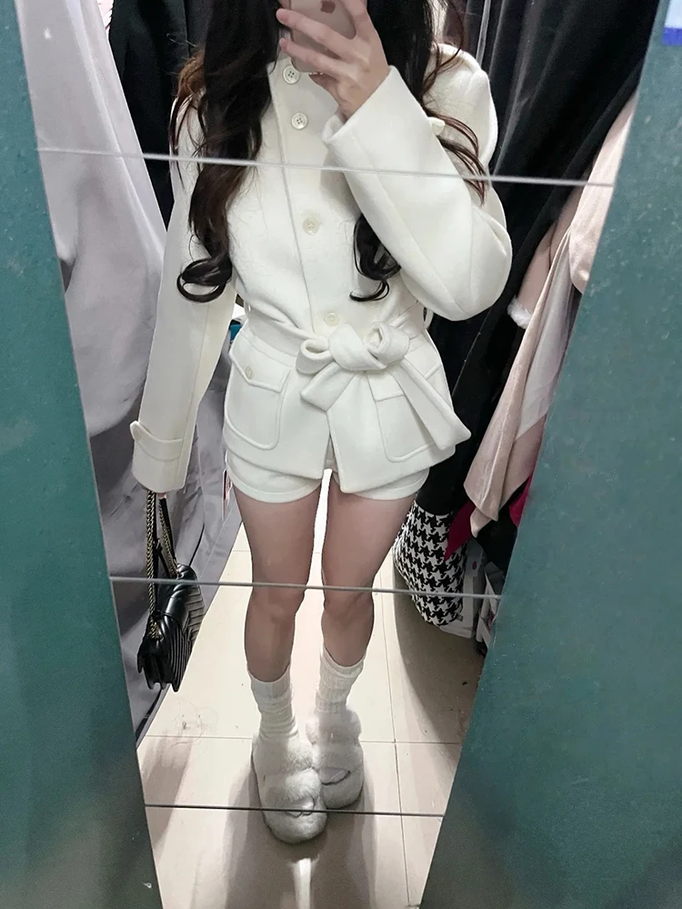 

Корейское шерстяное пальто с воротником-стойкой, женское зимнее новое пальто с поясом, свитер с поясом, джемпер из полиэфирного волокна, длинный свеч