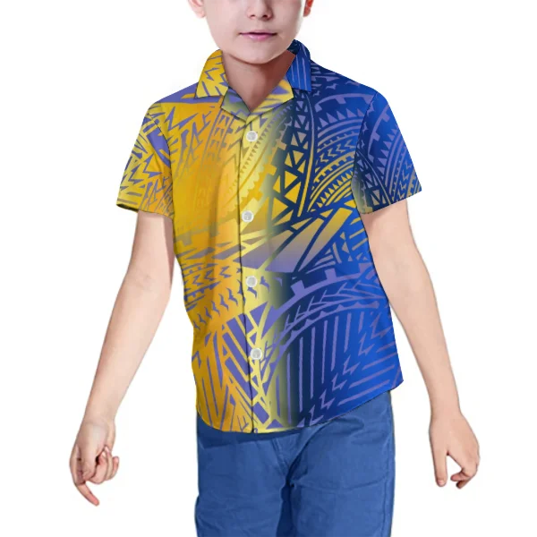 

1MOQ Summer Clothing Polynesian Tribal Fabrics Short Sleeve Buttons Shirts Boys Kids Printing Shirts Clothing for Youth