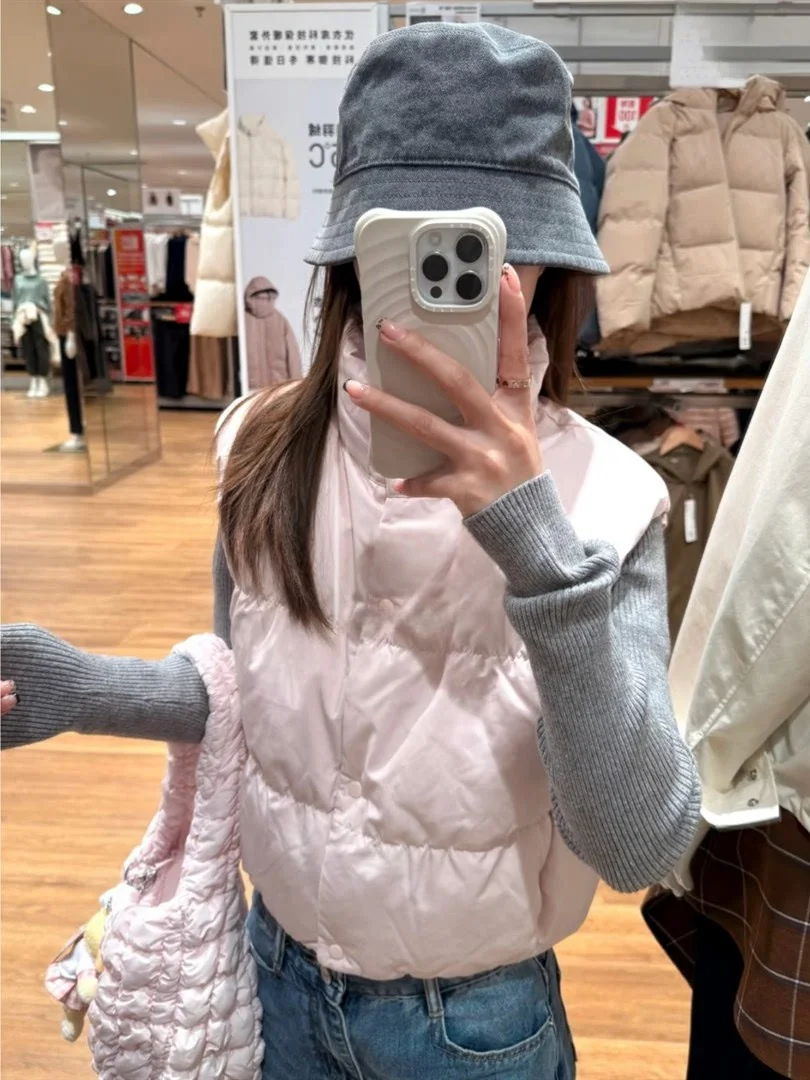 

BM Light Pink ort down Jaet Vest Women's Outerwear Faionable Winter Warm Stand Collar Single Button Closure Vest