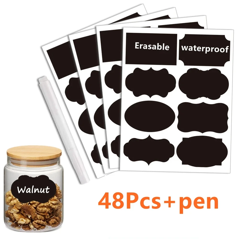 48pcs Removable Blackboard Sticker  Spice Jar Kitchen Jars Bottles Label Sticker with Erasable Marker Kitchen organization