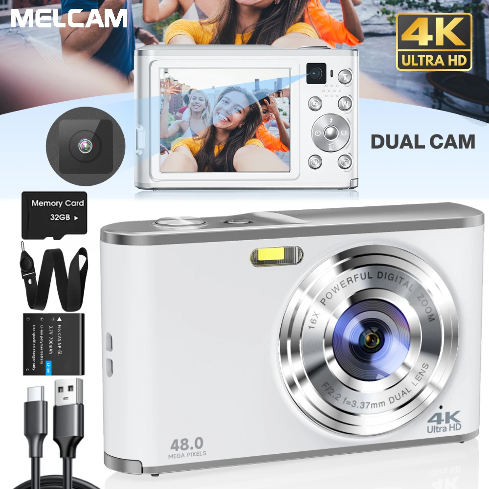 4K Digital Camera Autofocus Vlogging Camera with Front Rear Lens, 32GB Card, 48MP 16X Digital Zoom Selfie Camera, Black, White