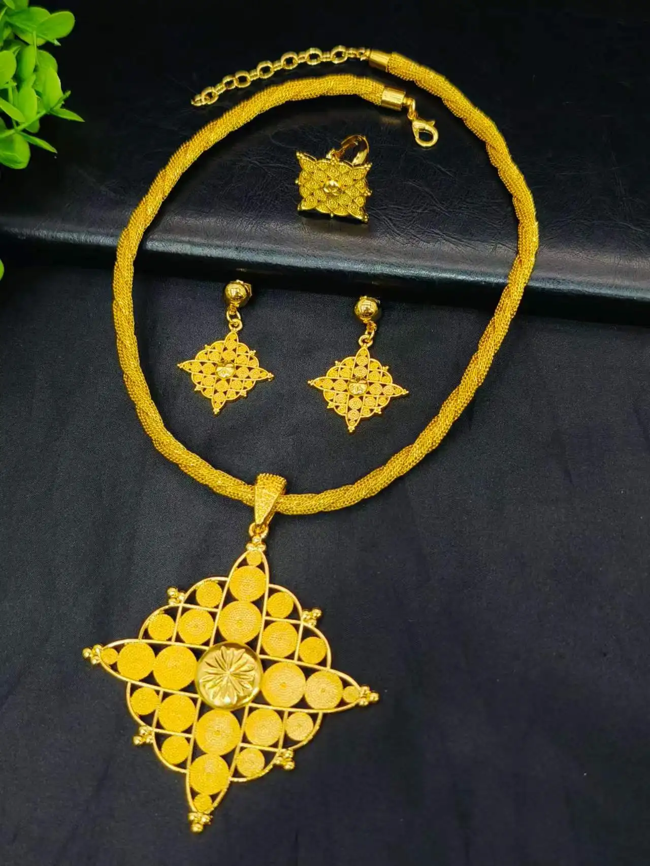 Ethiopian Big Cross Pendant Necklace Earrings Ring For Women Gold Color African Jewelry Eritrean Wedding Set
