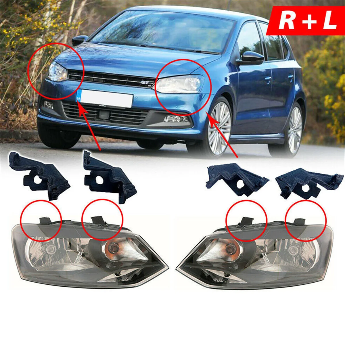 1Pair Front Headlight Mount Bracket Repair Kit 6R0998225/226 for VW Polo 09-17 Head Light Lamp Fixed Holder Screw L+R