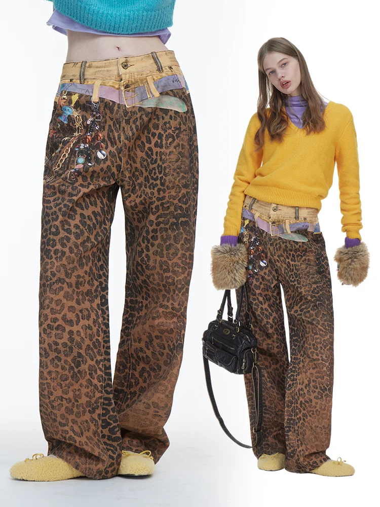 

Джинсы DNT American Retro с леопардовым принтом и 3D-печатью, свободные, прямого кроя, универсальные повседневные хлопковые джинсовые брюки для женщин