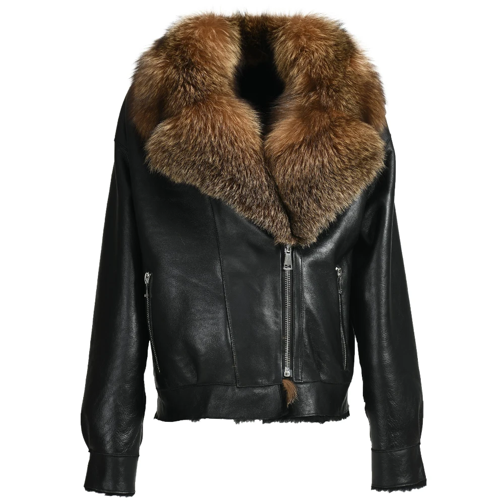 Jaxmonoy-Casaco de shearling real feminino com gola de pele de raposa, casacos quentes de couro genuíno, moda feminina, inverno, novo