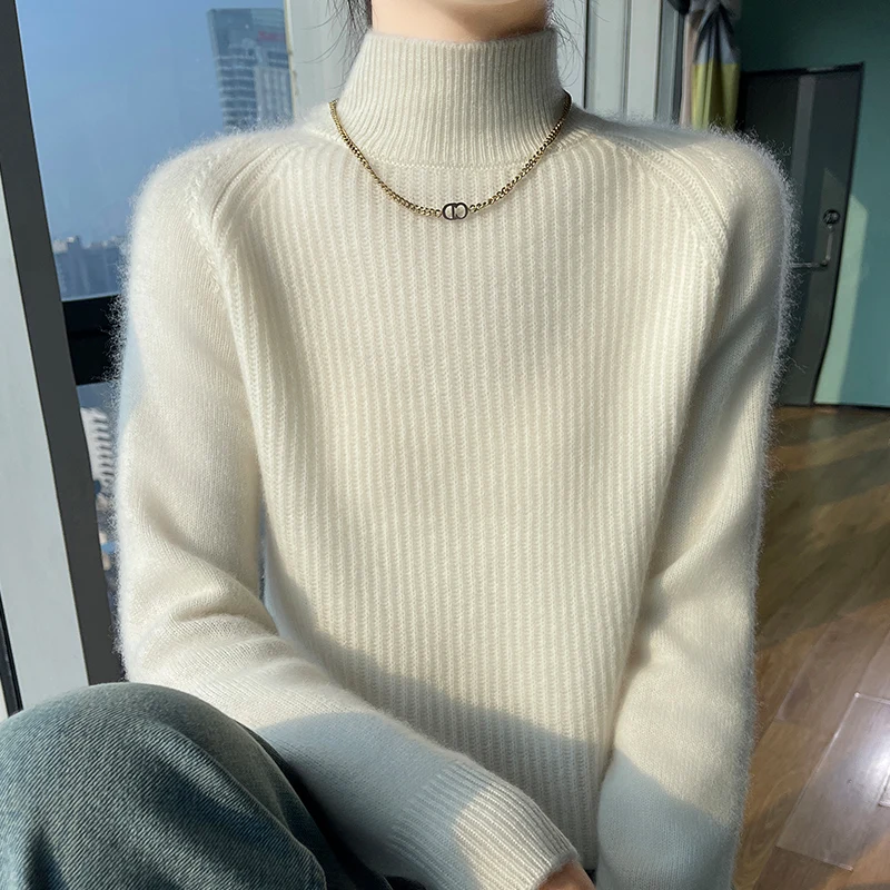 Women\'s winter sweater 100% Merino wool thick warm semi-high neck pullover solid color vertical pit cashmere sweater casual top