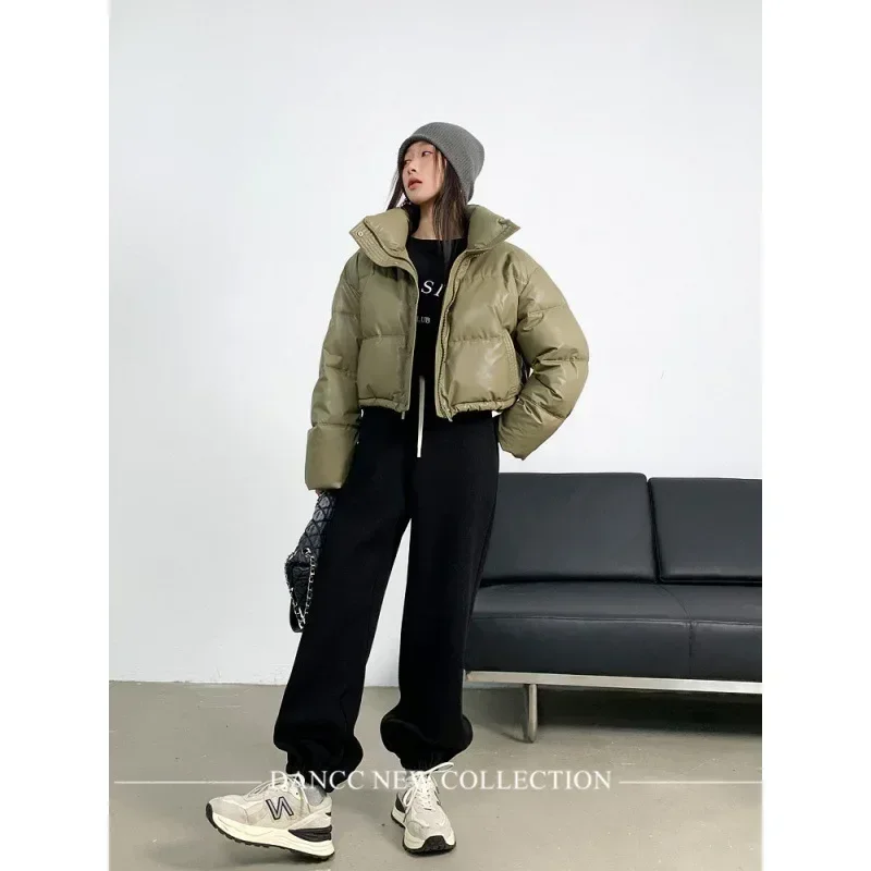 American Biker Women Pu Puffy Coat Winter Retro Cropped Parkas Casual Thick Warm Lady Long Sleeve Loose Cotton Down Coats