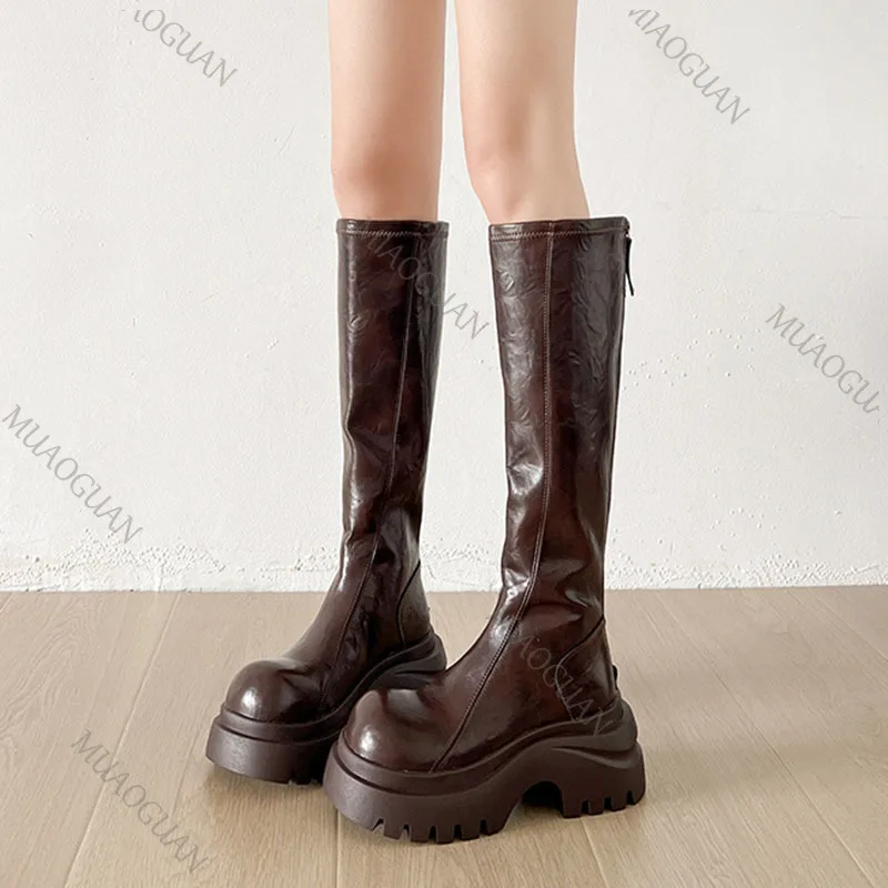 Women's Knee-High Leather Boots, Round Toe, Thick Sole And Heel, Riding Style, Black And Brown_voghion.com