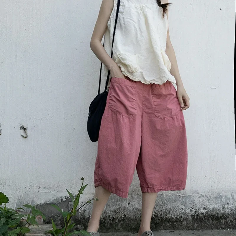 

Casual Elastic High Waist Wide Leg Pants for Women 2023 Summer New Female Cotton Linen Straight Loose Vintage Short Trousers