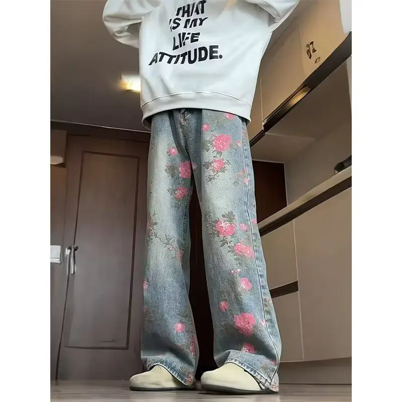 

American High Street Rose Embroidered Men's Summer Thin Retro Style Fashion Straight Leg Jeans Loose Straight Cut Jeans