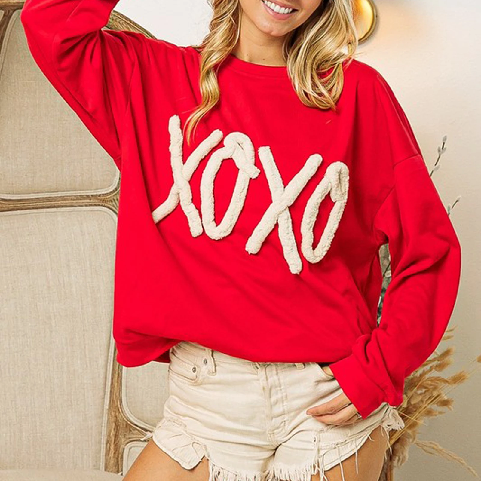 

Combhasaki Women Y2K Fuzzy Plush Letter Embroidery Sweatshirt Hoodies Long Sleeve Round Neck Loose Fit Pullover Tops Streetwear