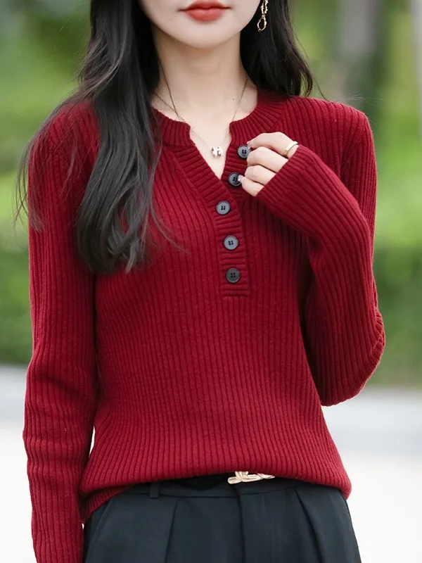 

Slimming Red V-Ne ort Knitted Base irt for Women Casual Loose Fit Warm Autumn Faion Inner Wear Knitted Sweater