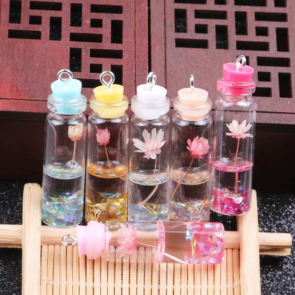 10pcs Wishing Drifting Bottle Pendant Colorful Dried Eternal Flower Glass Charms Jewelry Making DIY Necklace Earring Accessories