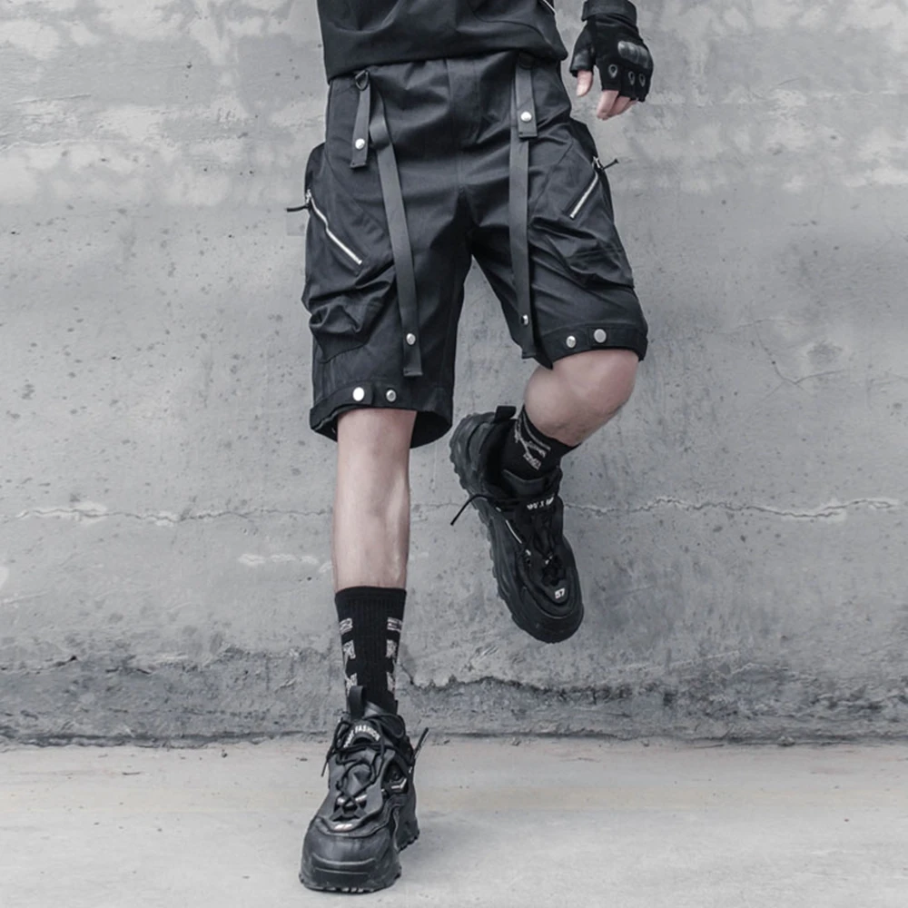 AOGZ Gothic Techwear Cargo Short Pants Men Streetwear Harajuku Ribbons Knee Length Pants Trousers Summer Loose Casual Shorts