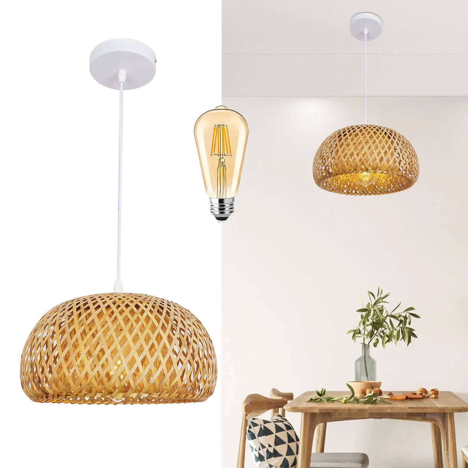 Antique Bamboo Hanging Lamps for Ceiling Mount Pendant Hand Woven Chandelier Dome Lights Home Bedroom