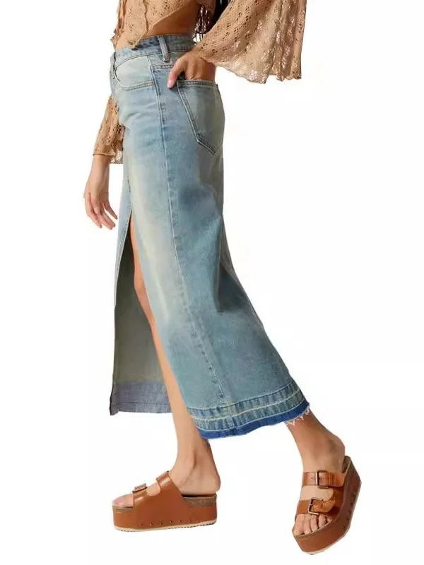 

Pure Color Button Slit f Length Skirt Street Sle Casual Loose Fit mid Waist for Women in Their Late Twenties