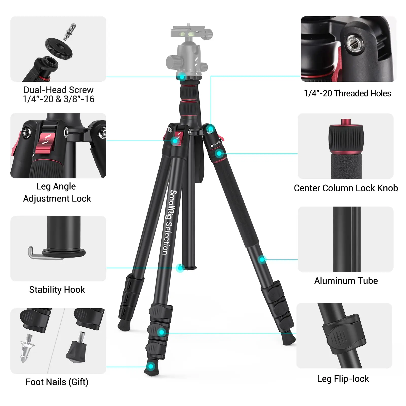 SmallRig T-10 Aluminum Tripod Compact lightweight Foldable Tripod Can Load 15kg Suitable Various Scenarios for Camera Phone 3983