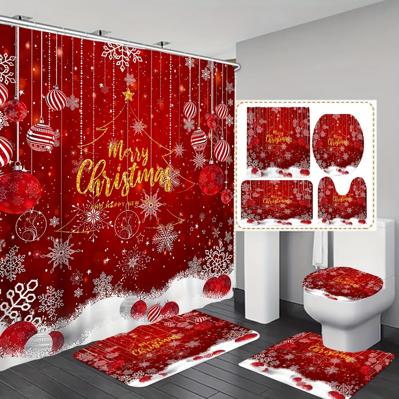 

Красный рождественский набор для ванной комнаты из 4 предметов — занавеска для душа с Рождеством, чехол для унитаза и коврики, декор из снежинок и безделушек, праздничный подарок