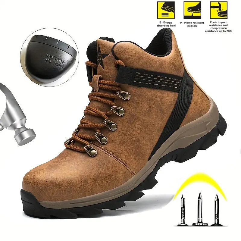 Waterproof Borwn Color Safety Shoes Men Steel Toe Work Boots Unisex Hiking Trail Anti-smash Non Slip Botas Platform Boots Hombre