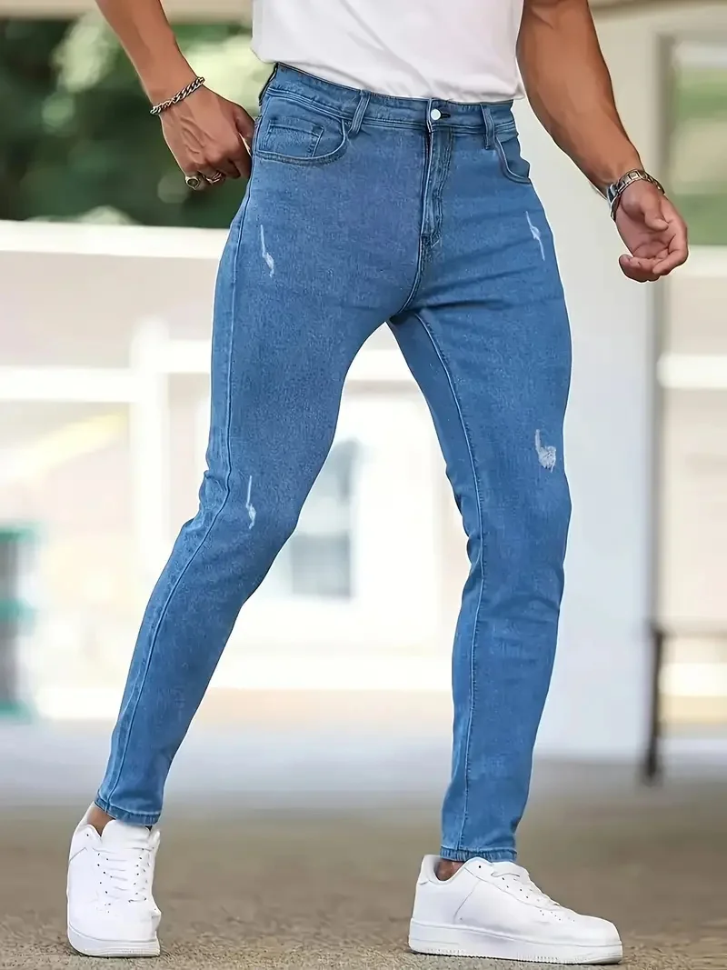 

Slim Fit Jeans Men Blue Detailed Ripped Distressed Jeans Versatile Mid Waist All Season Pants Urban Casual Matching Daily Trouse