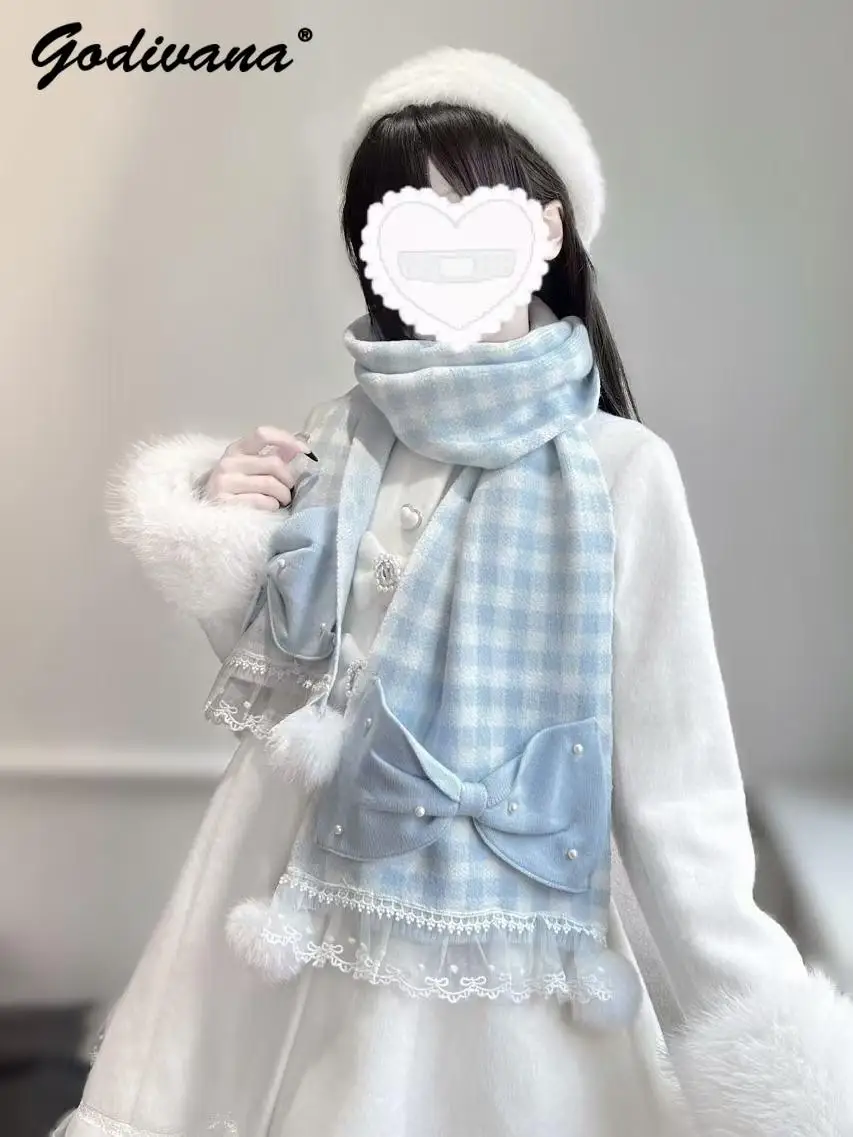 Original Japanese Mass-produced Pearl Bow Hairball Scarf Girls Sweet Lace Knitted Long Scarf Winter Soft Warm Y2K Knit Scarves