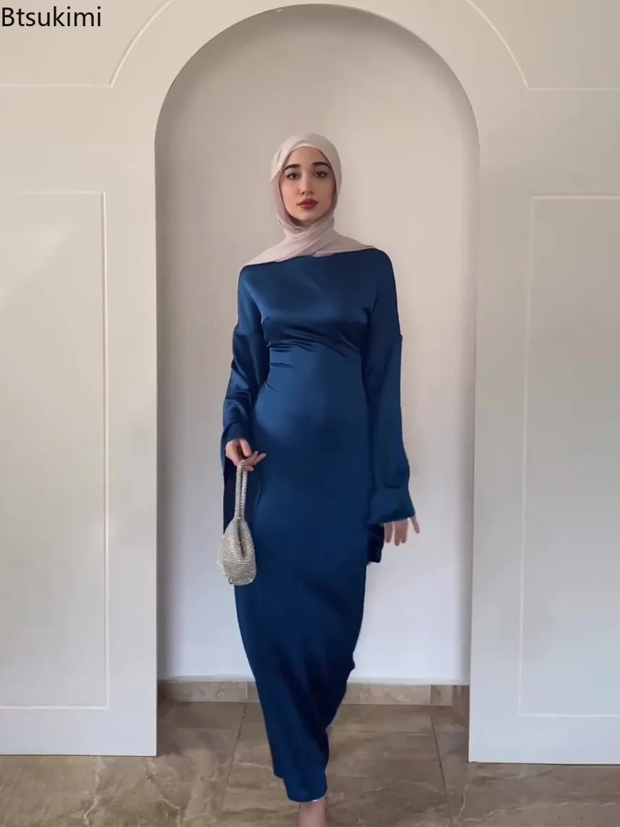 2025 Spring New Women's Slim Satin Maxi Dress Fashion Flared Sleeve Elegant Party Robe Eid Muslim Modest Abayas Islamic Clothing