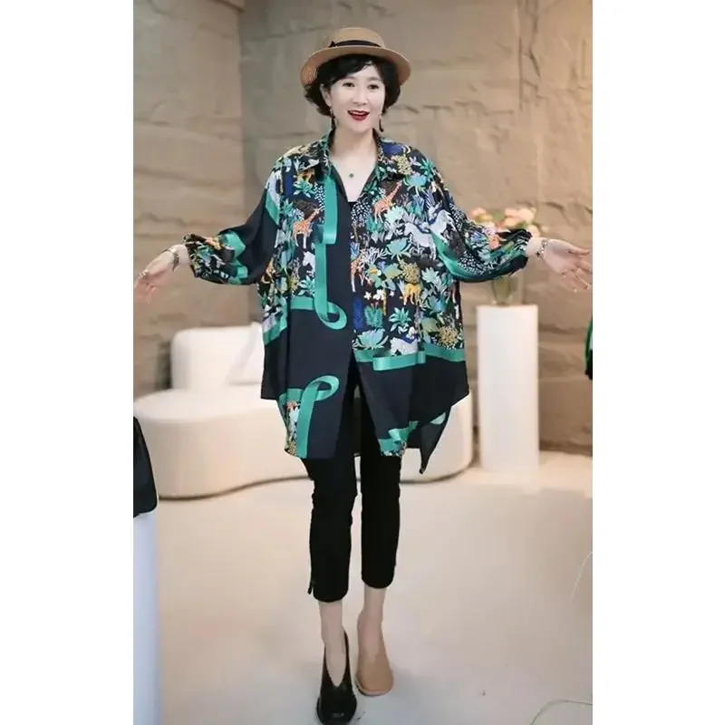 Spring Summer Mid-Long Shirt Coat Women 2024 New Fashion Loose Shirt Skirt Single-Breasted Printing Green Outerwear Female