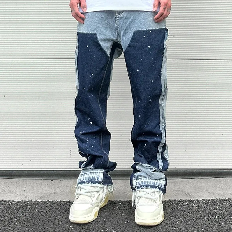 

European Ink Sprayed Flared Jeans For Men Contrast Color Looen Fit Streetwear Denim Clothes Open Hem Male's Baggy Pants