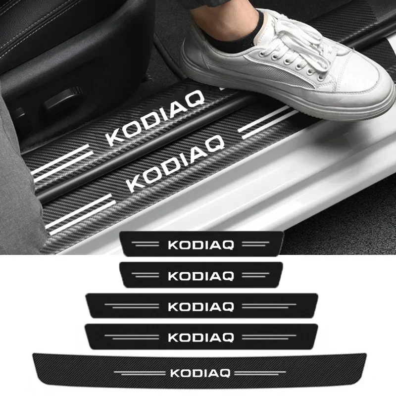 Carbon Fiber Car Door Sill Anti Scratches Stickers Threshold Decals Rear Trunk Protector Strips for Skoda KODIAQ Logo Decoration