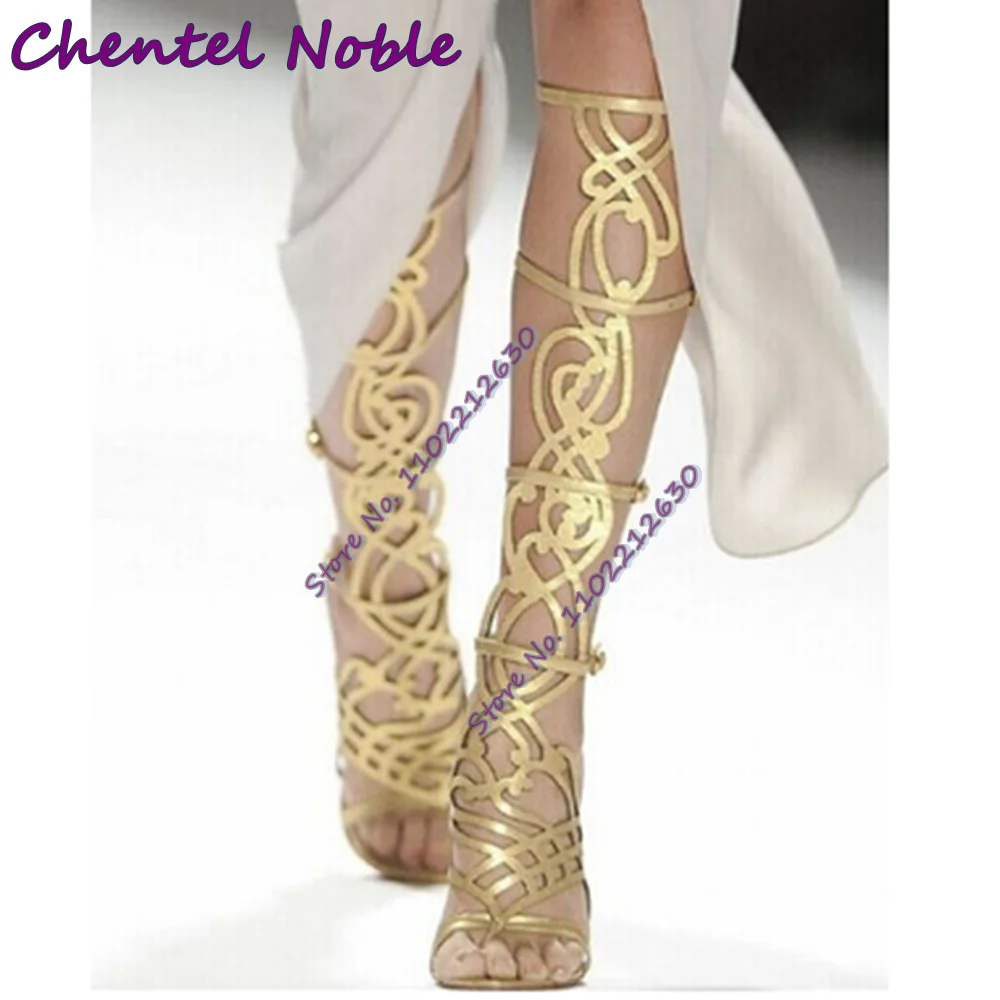 Gold Mirror Laser Cutout Sandals Round Toe Square High Heels Hollow Sexy Roman Knee High Stage Shoes Fashion Summer Women Shoes