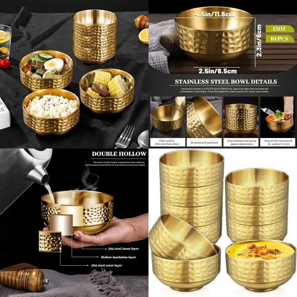 

Набор из 10 маленьких суповых мисок из нержавеющей стали золотого цвета, 13 унций с двойными стенками, идеально подходит для закусок, закусок и десертов