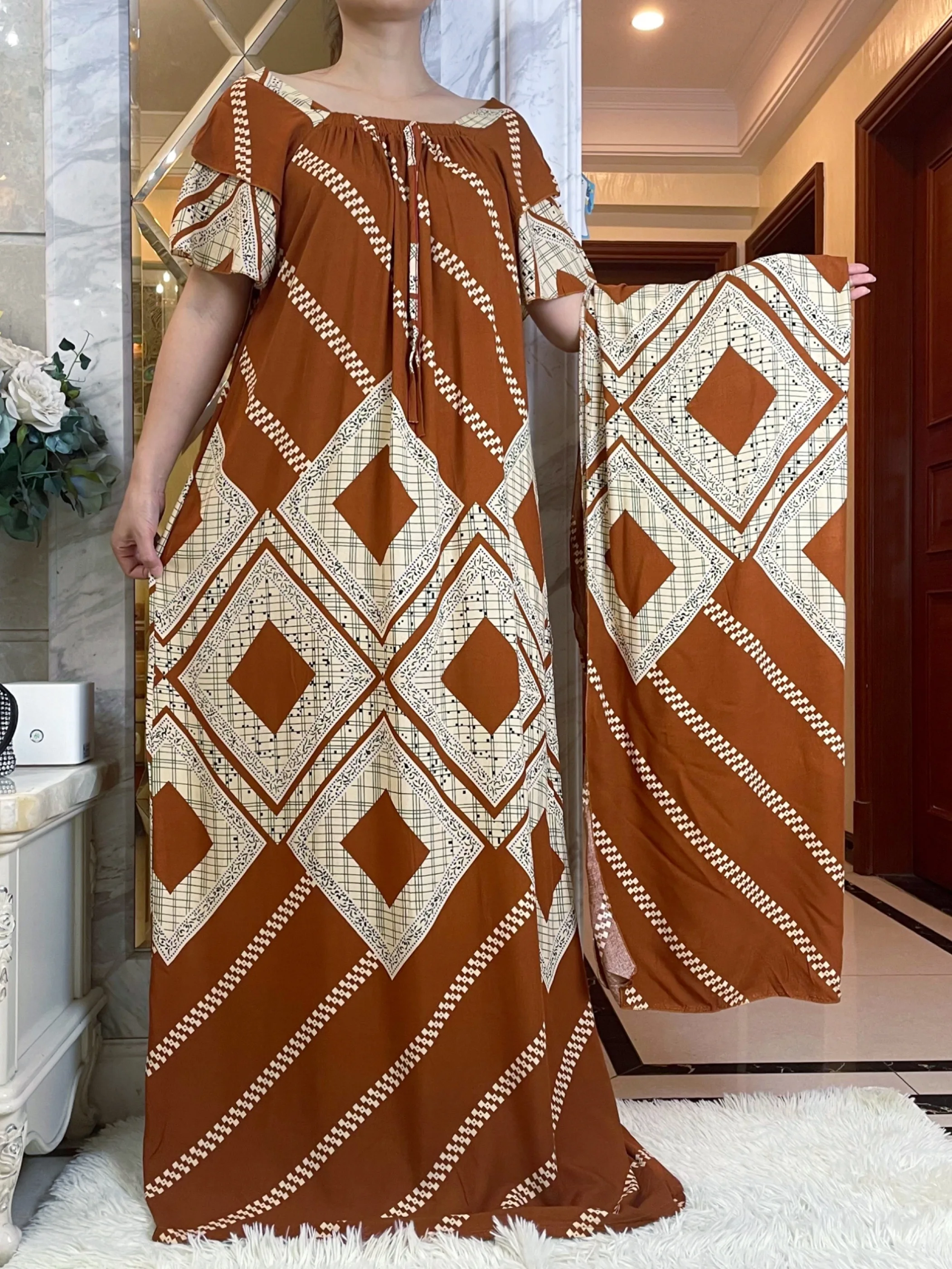 2023 Style Summer Short Sleeve Dresses With Big Scarf  Floral  Boubou Maxi Islam Women Dress African Abaya Clothes