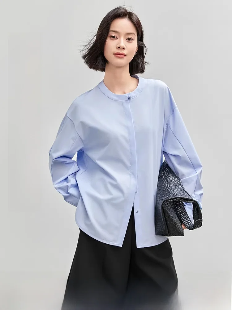 

Повседневная женская рубашка с круглым вырезом и длинным рукавом, свободного кроя, однотонная, на пуговицах, модная, весна 2026, из смесового полиэстера