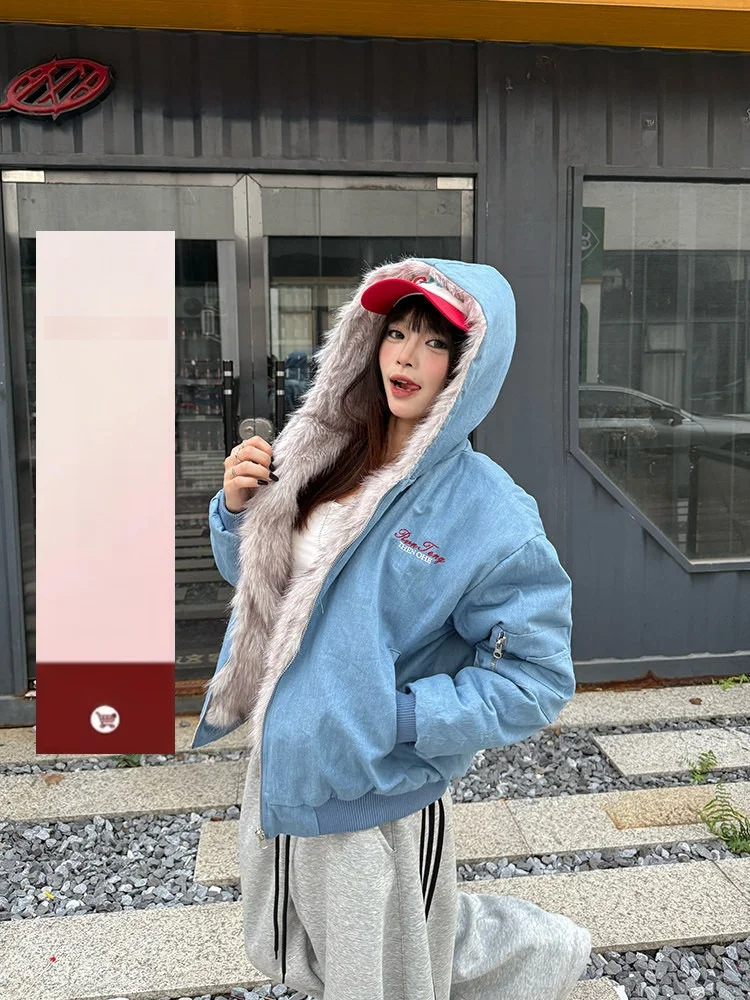 

Klinfei American Sle Hooded Cotton Jaet Women's Winter Warm Thiened Fur Collar Coat Trendy Streetwear Loose Fit Long Sl...