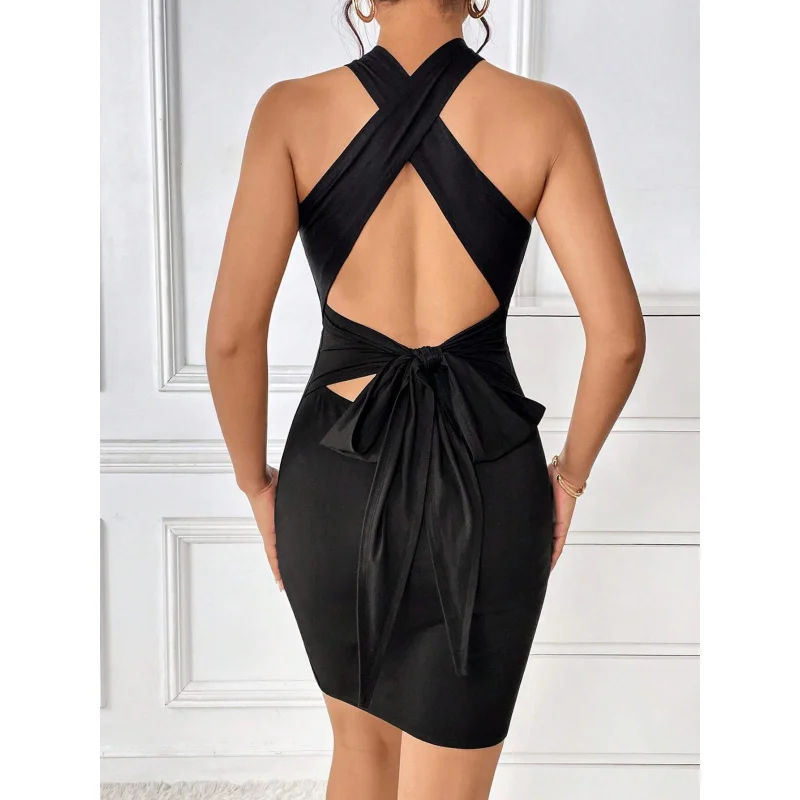 

YQ1-2025Autumn Winter New Women's Sexy Backless Tie Elastic Elegant Bodycon Halter Dress