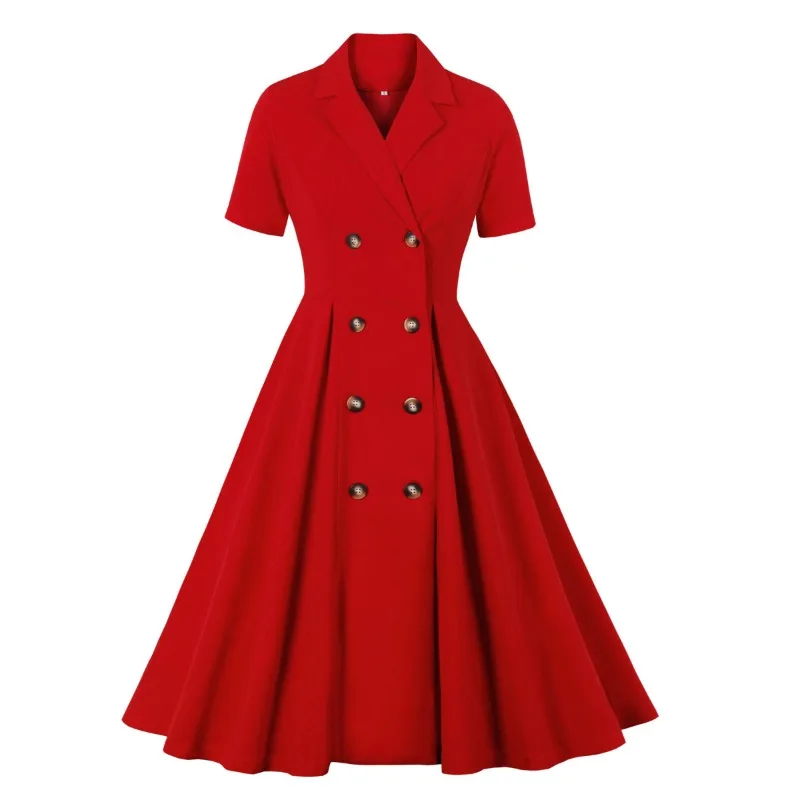 2024 New Vintage Notched Collar Double Breasted Red Elegant High Waist Office Ladies Dresses Women's Retro 50s Summer Midi Dress