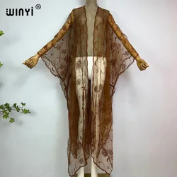 Kobiety WINYI eleganckie seksowne ażurowy haft kardigan plażowe pokrowce Maxi monocoolor sukienka letnia sukienka plażowa odzież moda Kimono