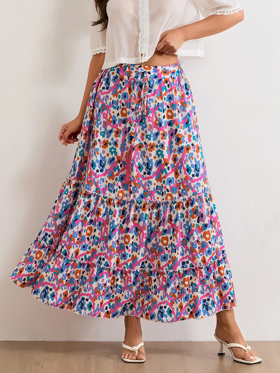 Women Flowy Floral Skirt Casual Summer Ruffled Hem Elastic Waist A-Line Skirt for Beach Vacation Club Streetwear