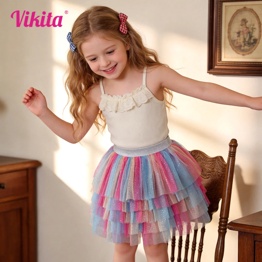 VIKITA Girls Rainbow Glitter Tutu Skirt Kids Layered Tulle Tiered Sparkly Party Ballet Dance Fluffy Rainbow Costumes Cute Skirts