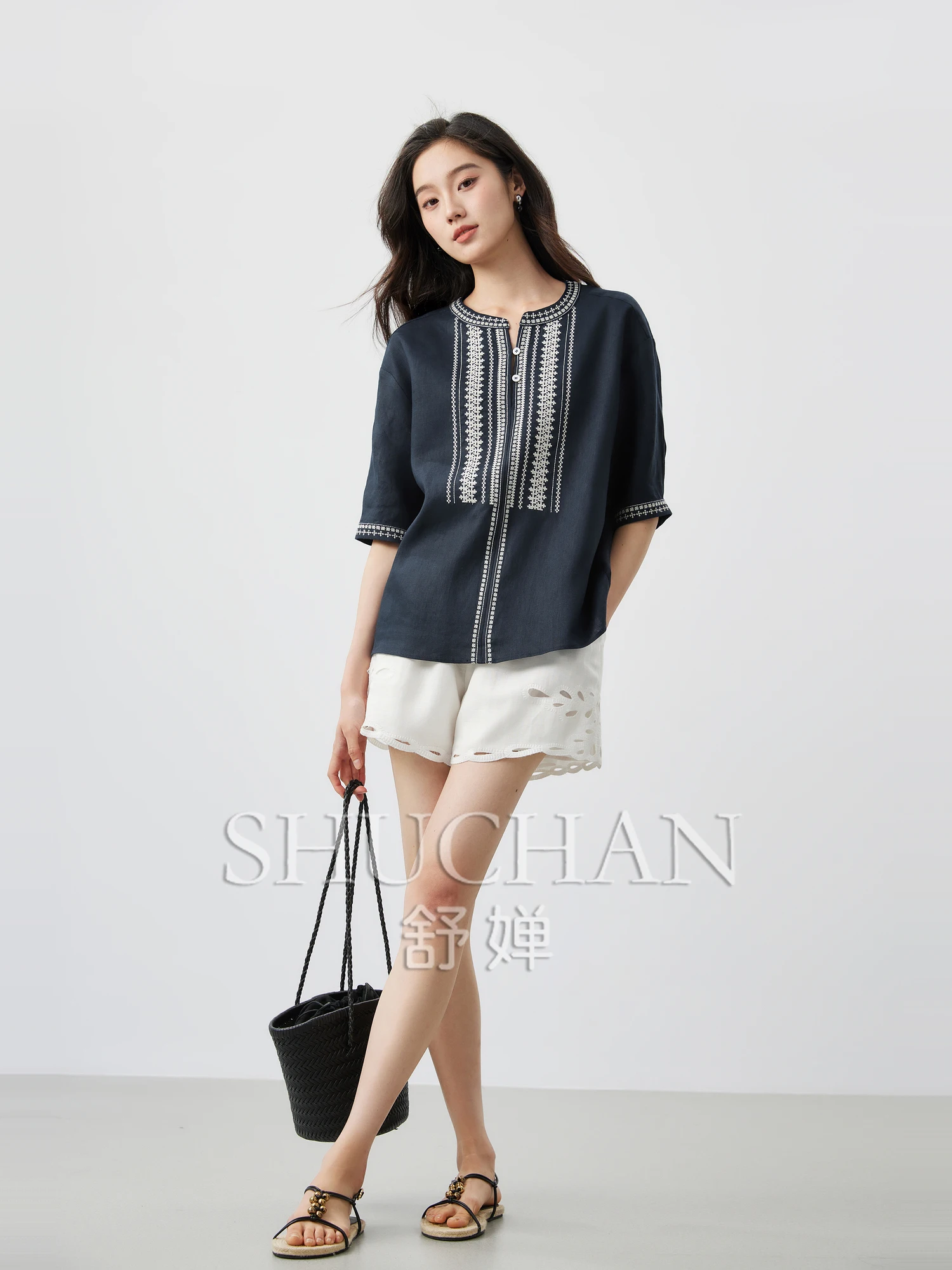 South French Style Shirt, Holiday Leisure, Linen Contrasting Color Heavy Industry 10,000-needle Embroidered Blouse Women