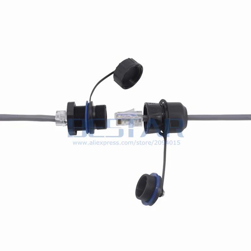 في الهواء الطلق CAT6/5e RJ45 شبكة موصل مقاوم للمياه ، الصناعية لوحة جبل مقرنة مع IP68 الغبار غطاء إيثرنت كابل شبكة محلية