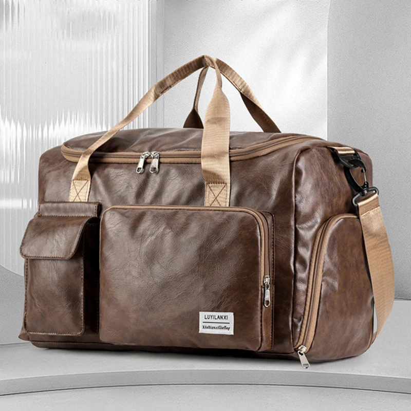 

Sports Fitness Carry On Duffel Bag PU Gym Yoga Tote Bags with Shoes PackTravel Luggage Handbag Vintage Overnight Weekend Satchel