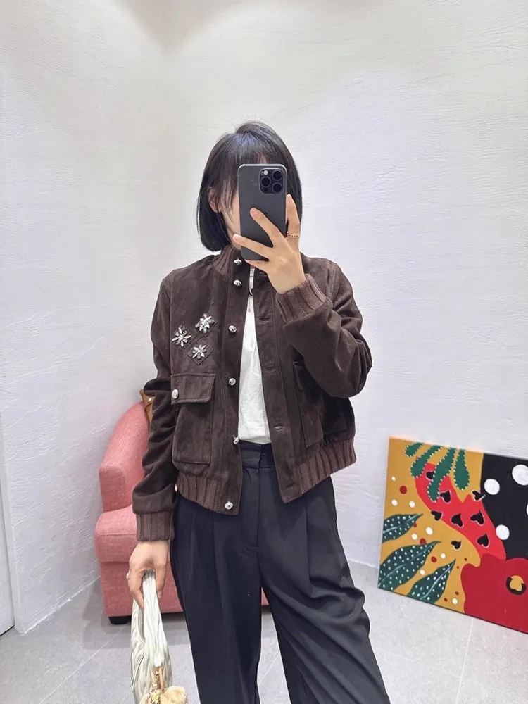 Giacca corta da donna in vera pelle di pecora di lusso autunnale, girocollo, capispalla da baseball, cappotto, design lucido con diamanti, giacche in vera pelle