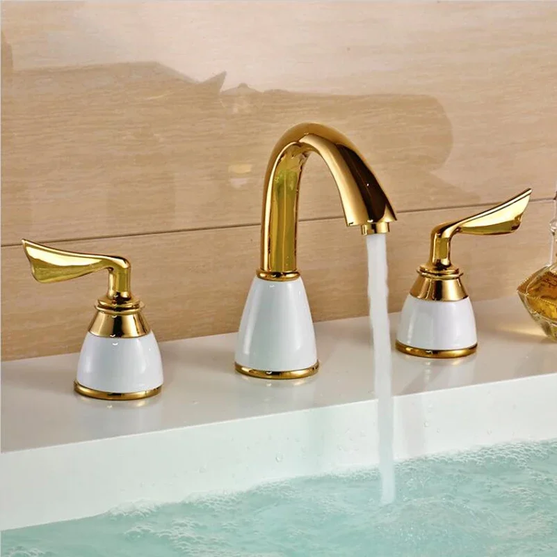 

3 Piece Set Faucet Bathroom Mixer Deck Mounted Sink Tap 3 Hole Basin Faucet Set Ceramic Copper Faucet Golden Finish Mixer Tap