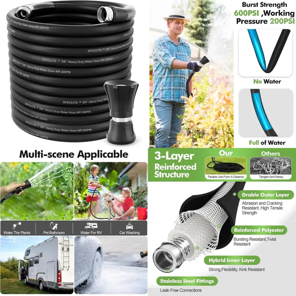 

Heavy-Duty 150ft Flexible Hybrid Rubber Garden Hose with High Flow Nozzle for Outdoor Use, Lightweight, Durable Water Hose for L
