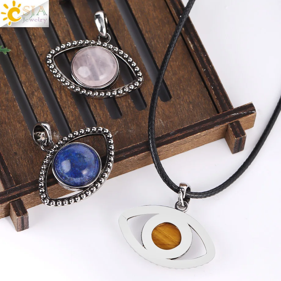 CSJA Eye Shape Pendant Necklace Healing Natural Stone Round Cabochon Bead Tiger eye Amethysts Crystal Jewelry Gift H568